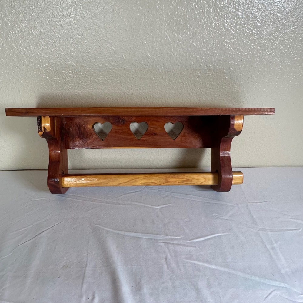 Vintage Rustic Cedar Wood Wall Shelf with Heart Cutouts & Towel Bar Cottagecore